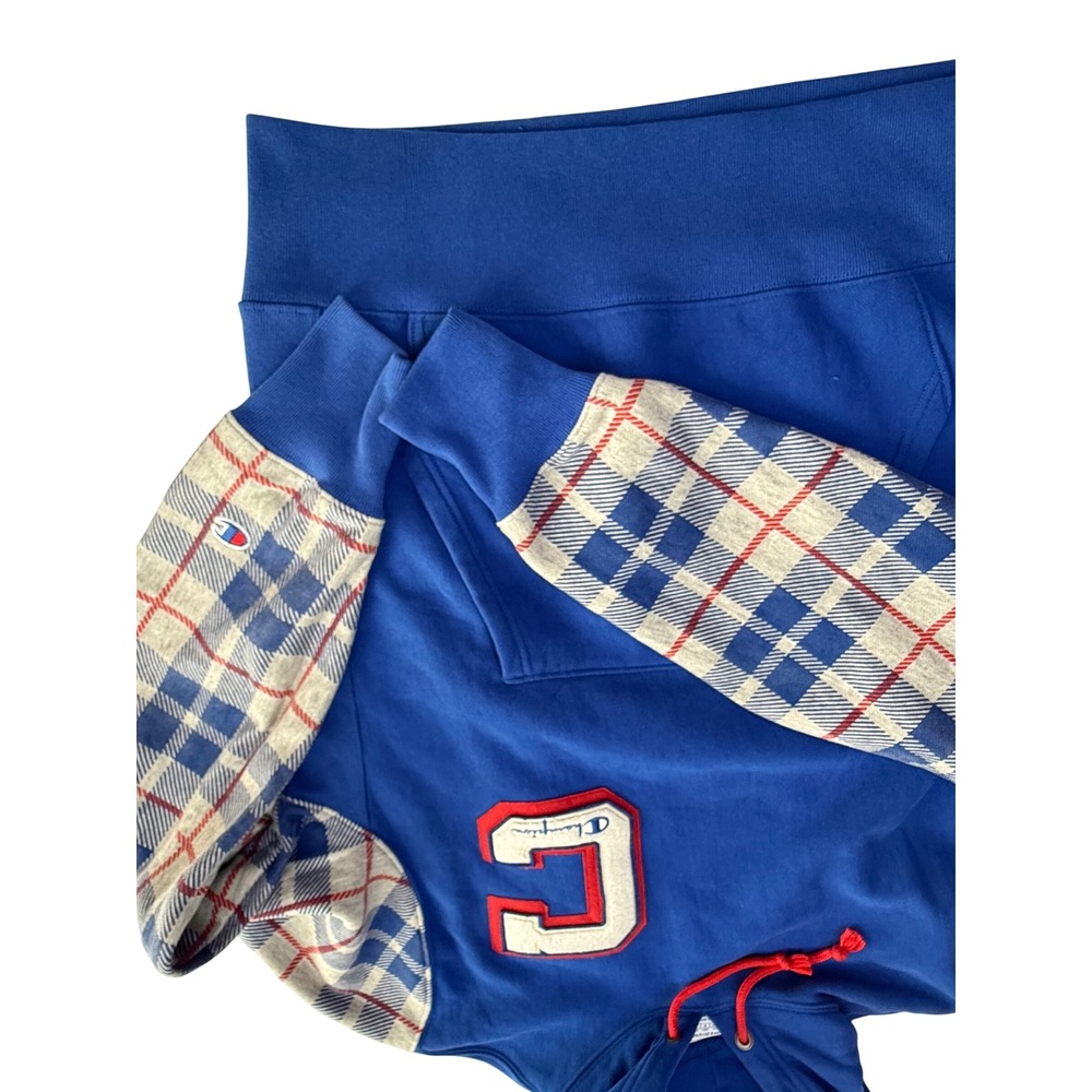 Champion Reverse Weave Blue Plaid Sleeve Hoodie Sweatshirt Men Medium - Picture 8 of 11
